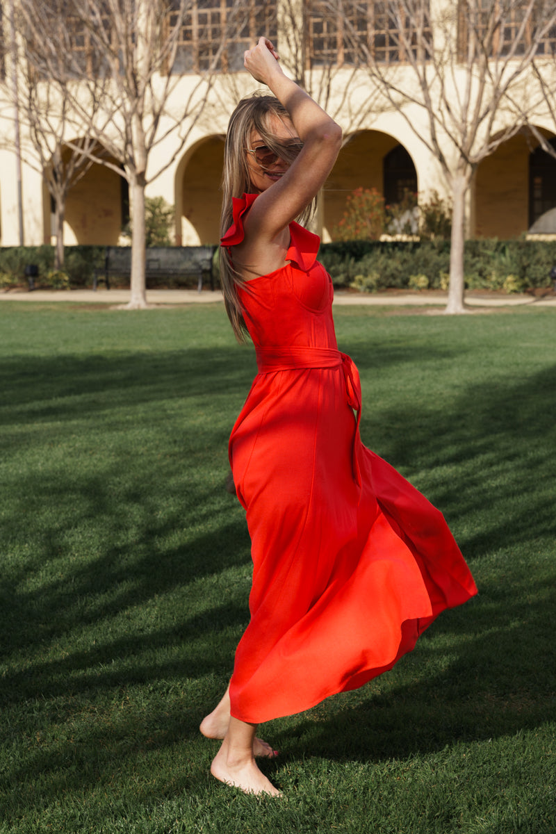 Lizette Flutter Sleeve Waist Tie Maxi Dress Red