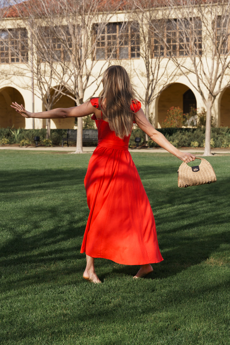 Lizette Flutter Sleeve Waist Tie Maxi Dress Red