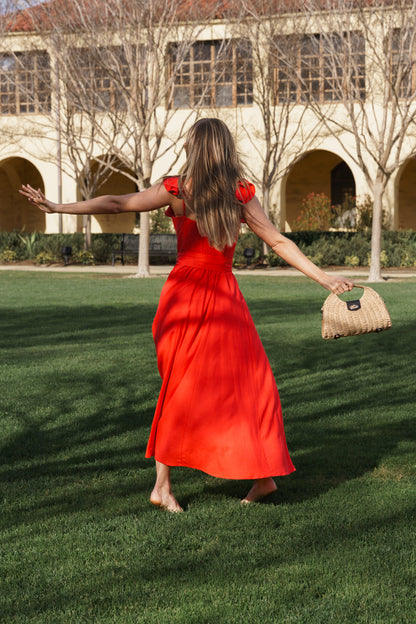 Lizette Flutter Sleeve Waist Tie Maxi Dress Red