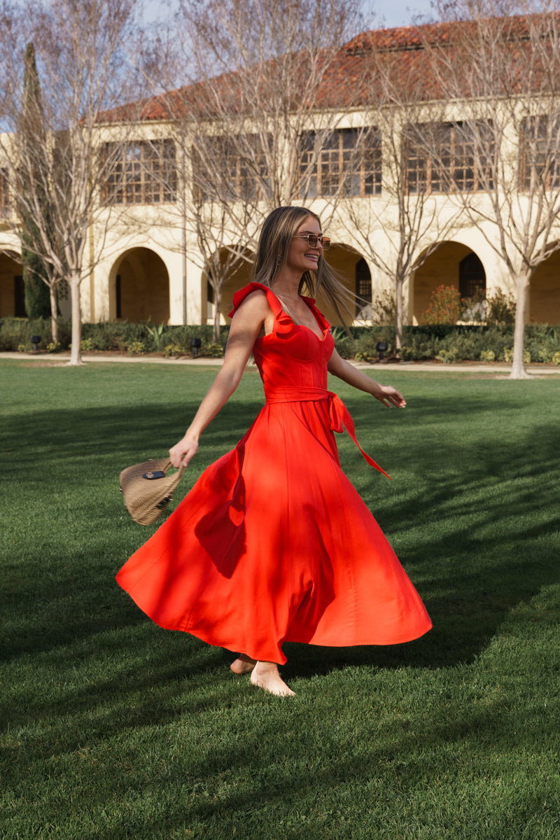 Lizette Flutter Sleeve Waist Tie Maxi Dress Red