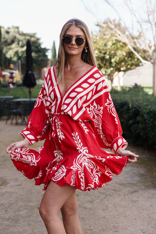 Justine 3/4 Dolman Sleeve Waist Tie Abstract Print Mini Dress Red