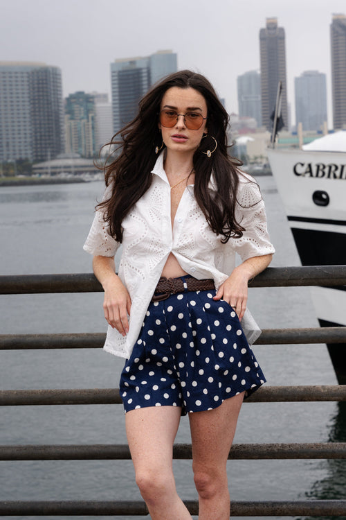 Walker Short Sleeve Button Down Embroidered Eyelet Top White