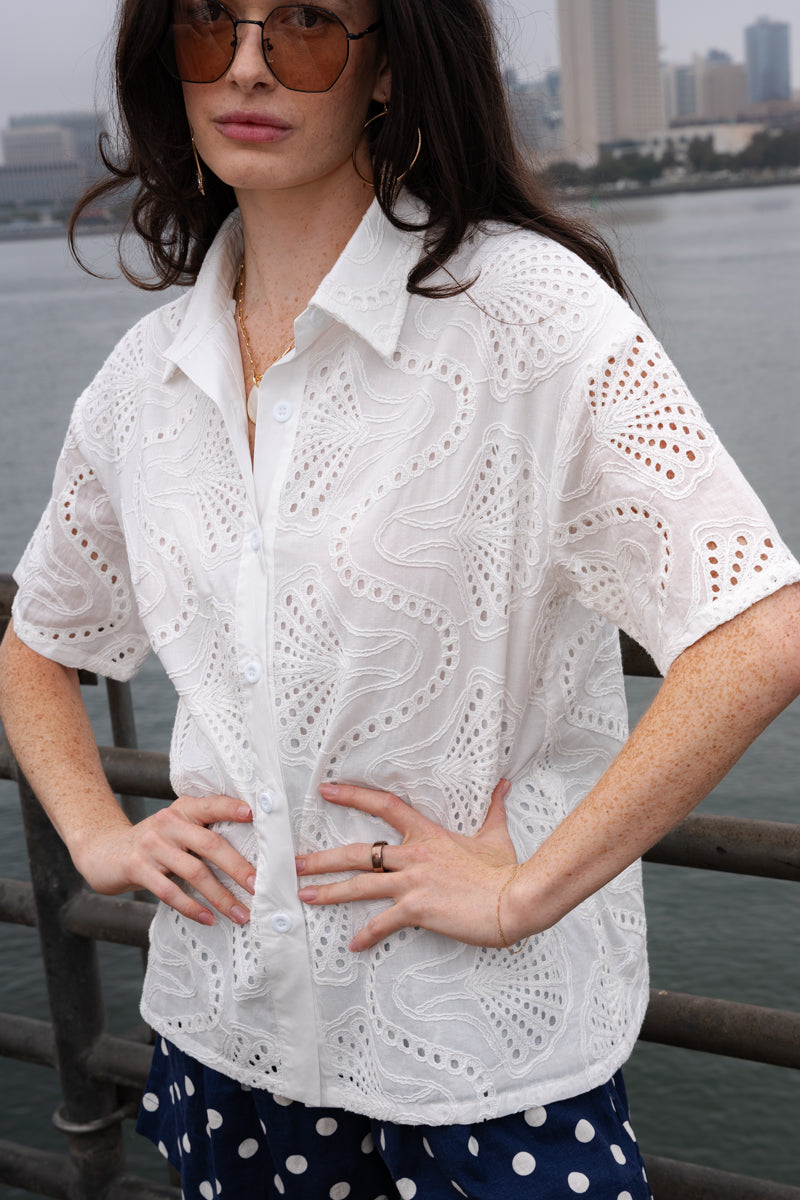 Walker Short Sleeve Button Down Embroidered Eyelet Top White