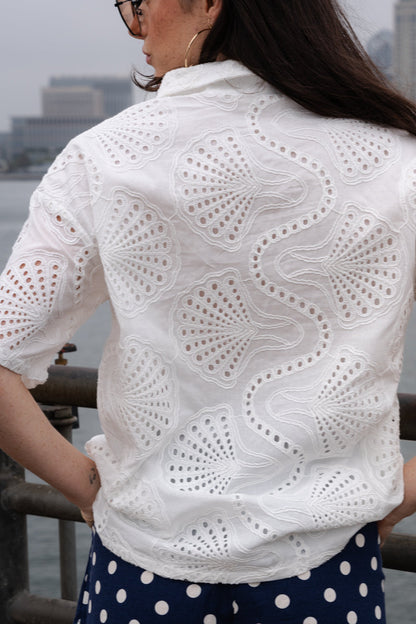 Walker Short Sleeve Button Down Embroidered Eyelet Top White