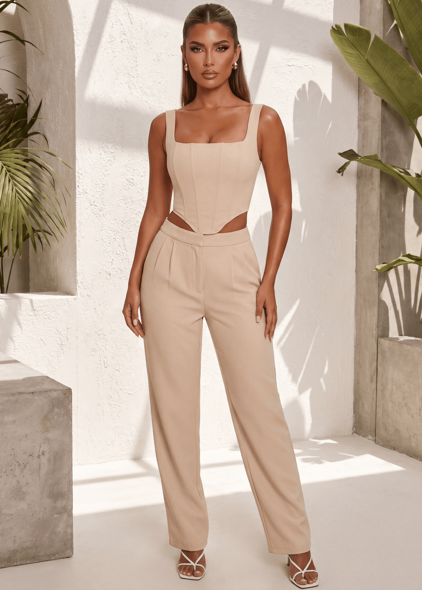 Already Over Corset Top and Trousers Two Piece - Beige