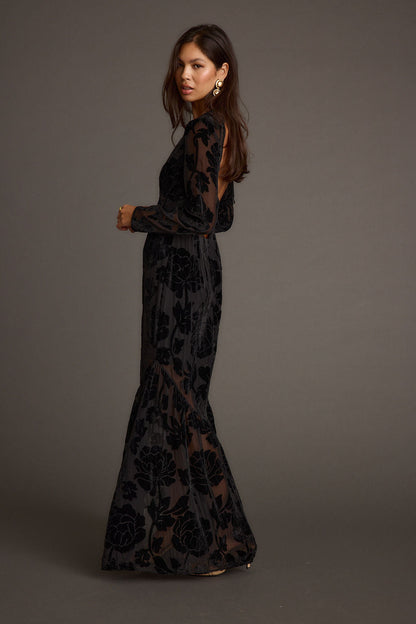 Angela Black Velvet Burnout Long Sleeve Maxi Dress