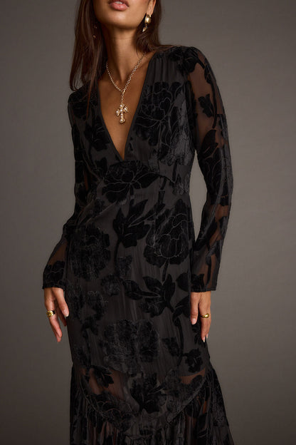 Angela Black Velvet Burnout Long Sleeve Maxi Dress