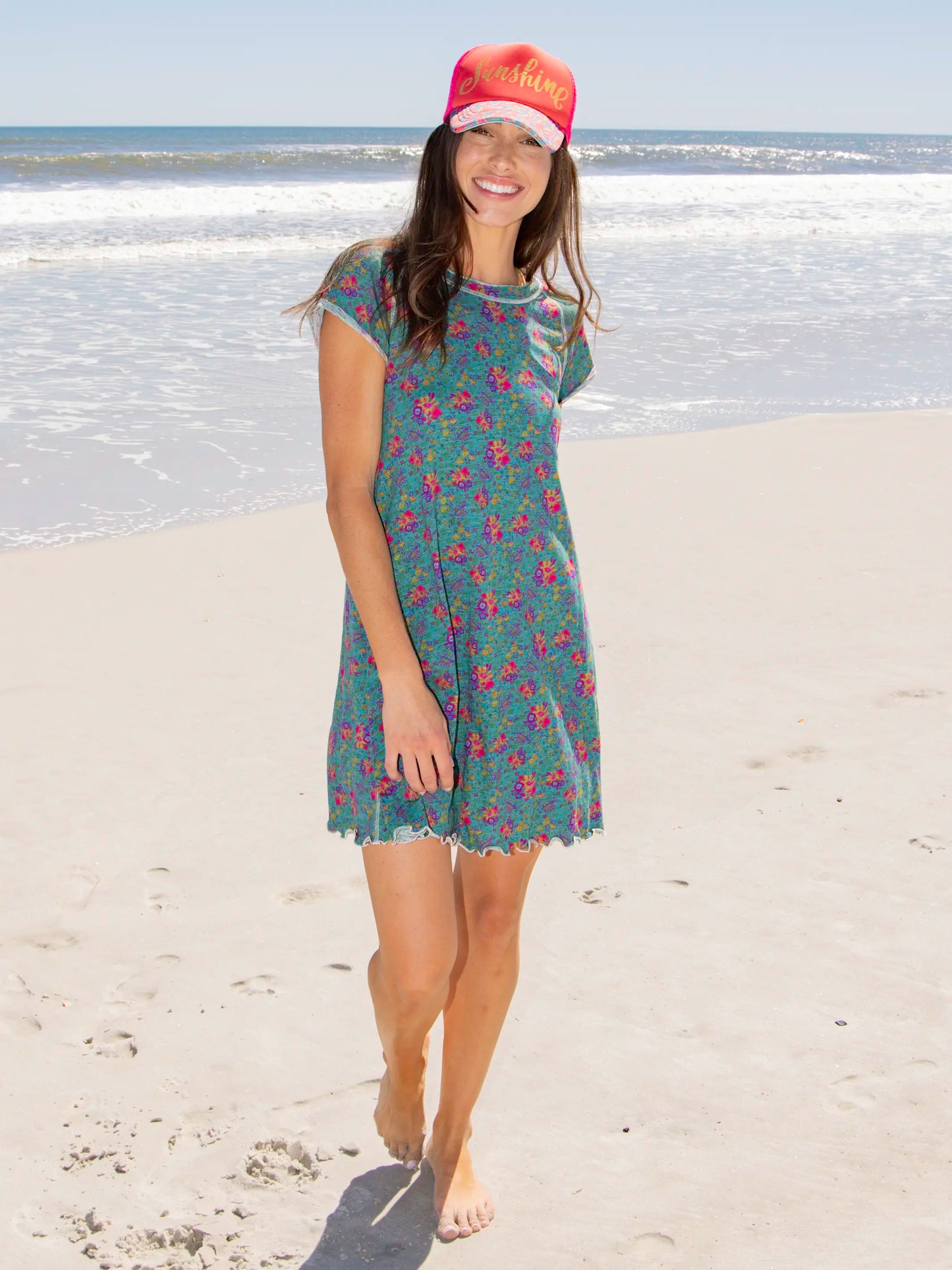 Lily Knit Cotton Tee Dress - Turquoise Floral Medallions