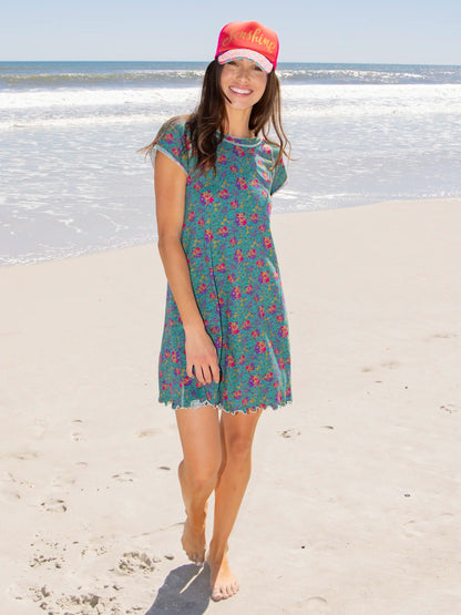 Lily Knit Cotton Tee Dress - Turquoise Floral Medallions