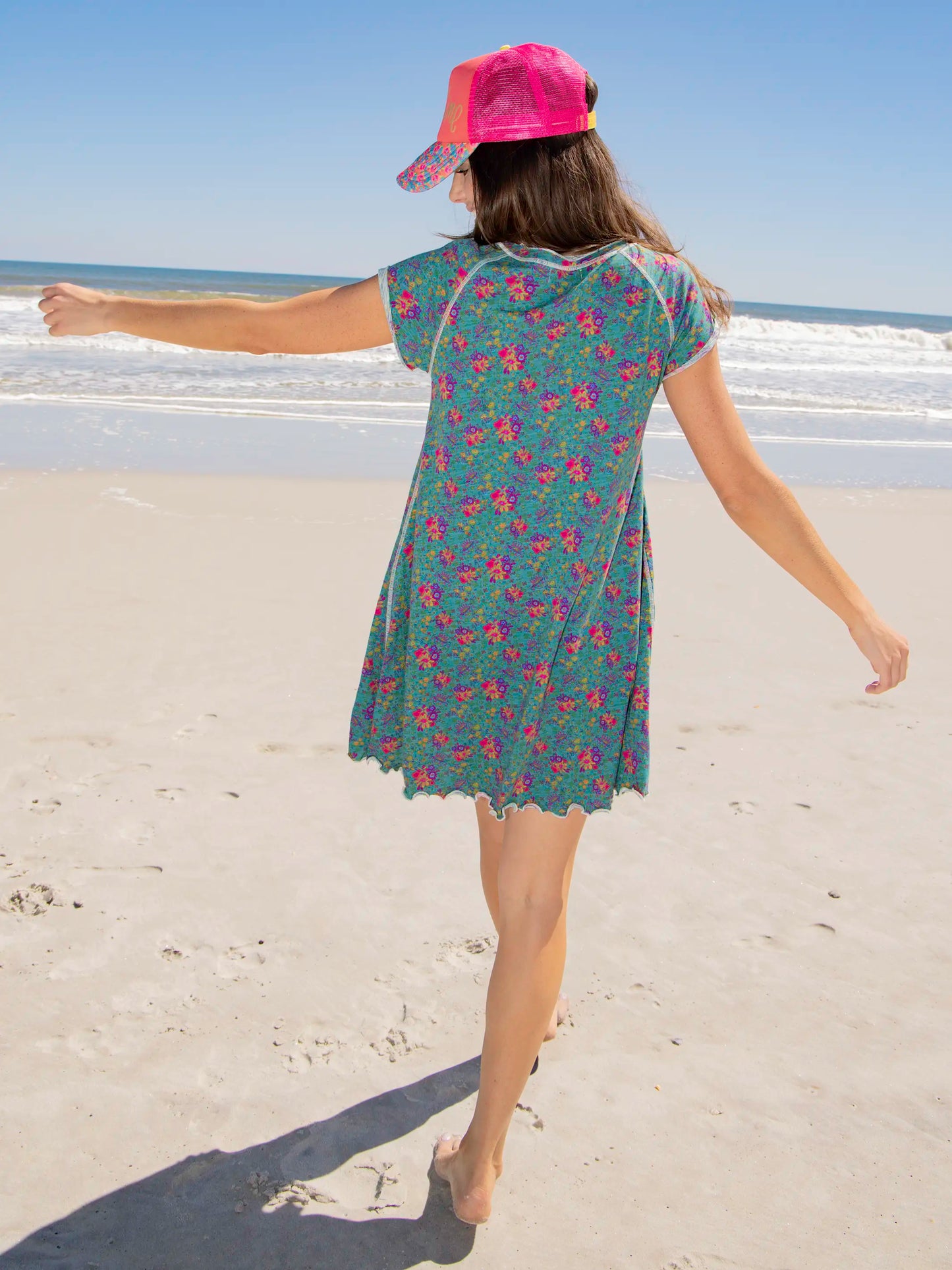 Lily Knit Cotton Tee Dress - Turquoise Floral Medallions