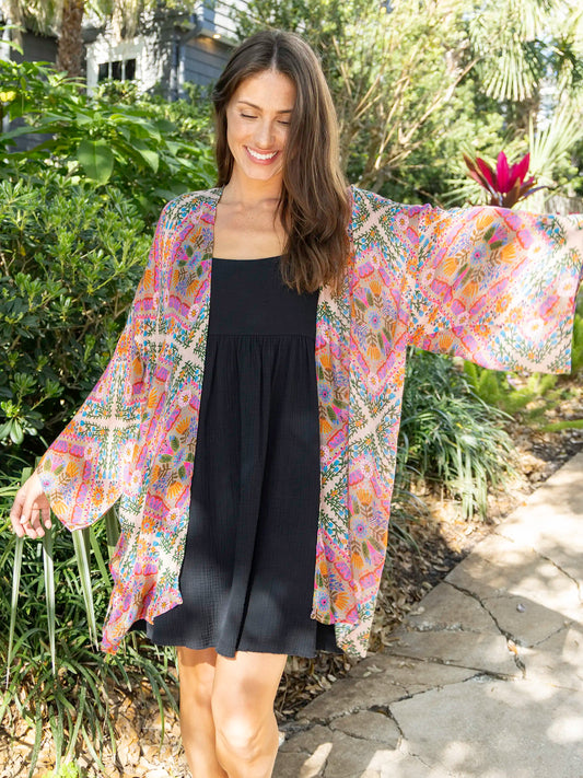 Sierra Kimono - Pink Floral Diamonds