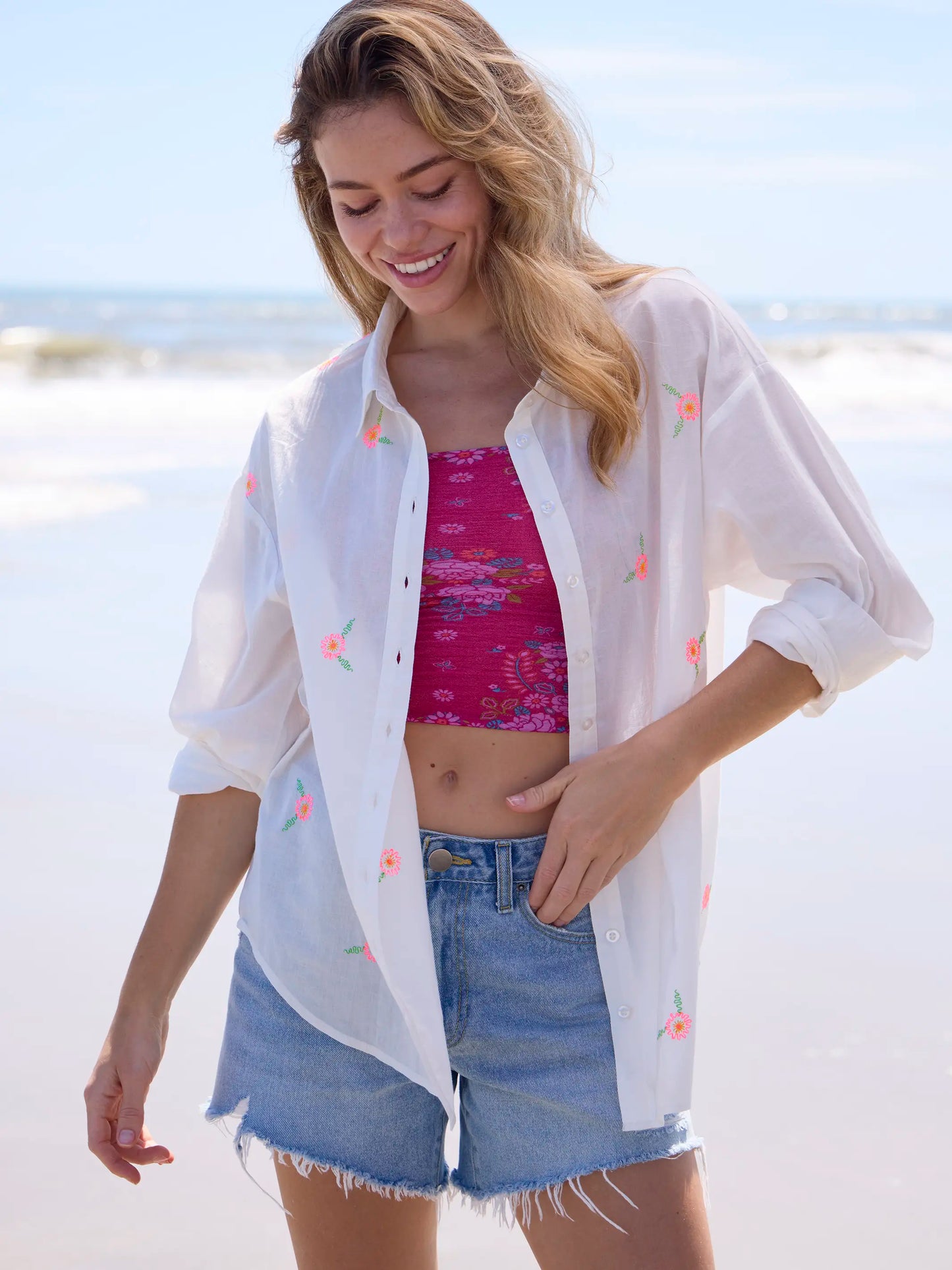 Barcelona Embroidered Cotton Button Down - White Floral