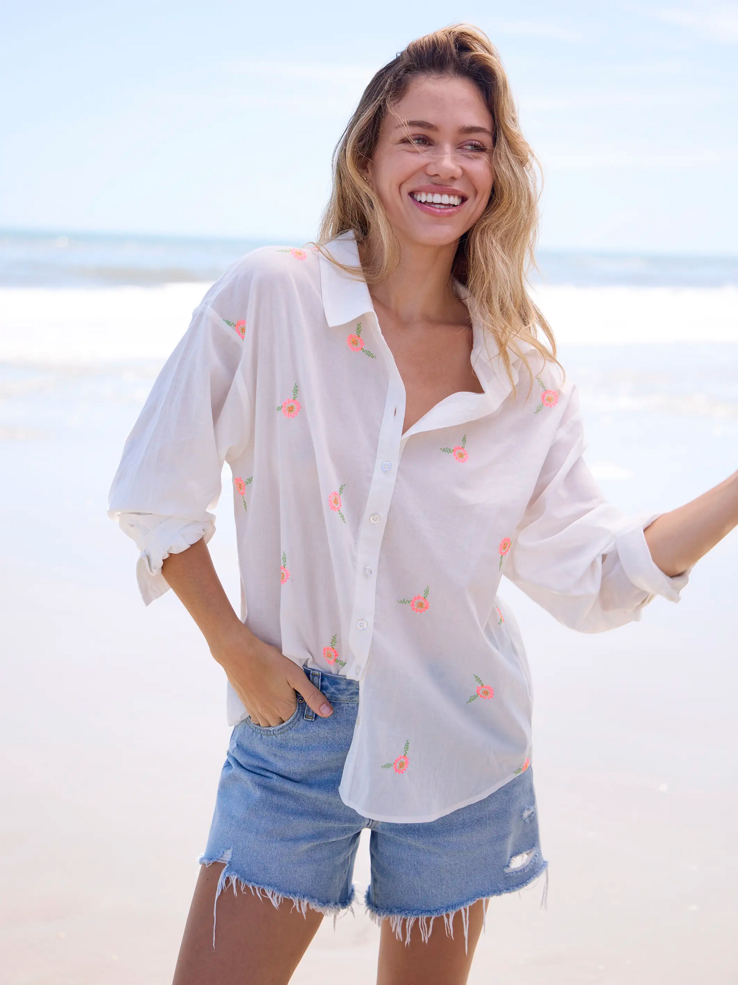 Barcelona Embroidered Cotton Button Down - White Floral