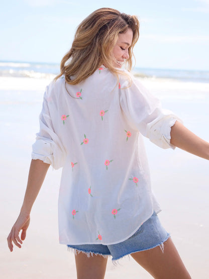 Barcelona Embroidered Cotton Button Down - White Floral
