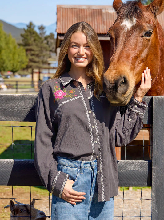 Round Top Embroidered Button Down - Charcoal