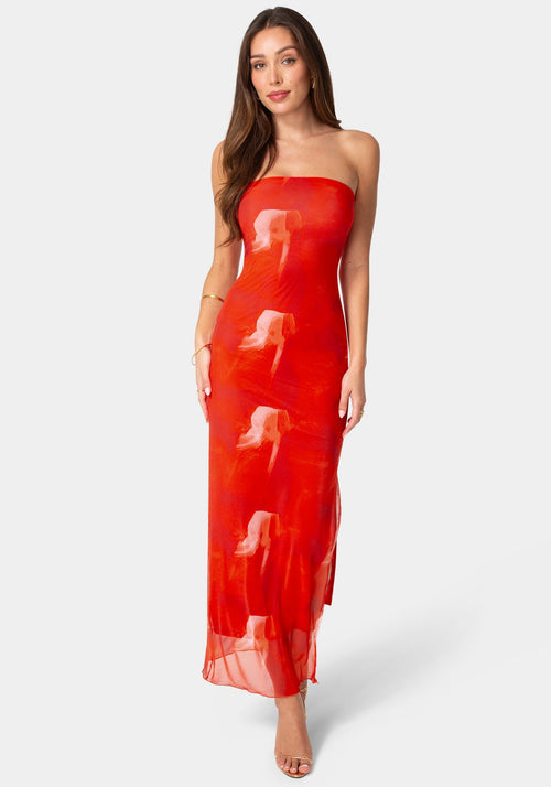 Printed Mesh Strapless Maxi Dress