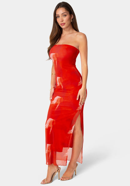 Printed Mesh Strapless Maxi Dress