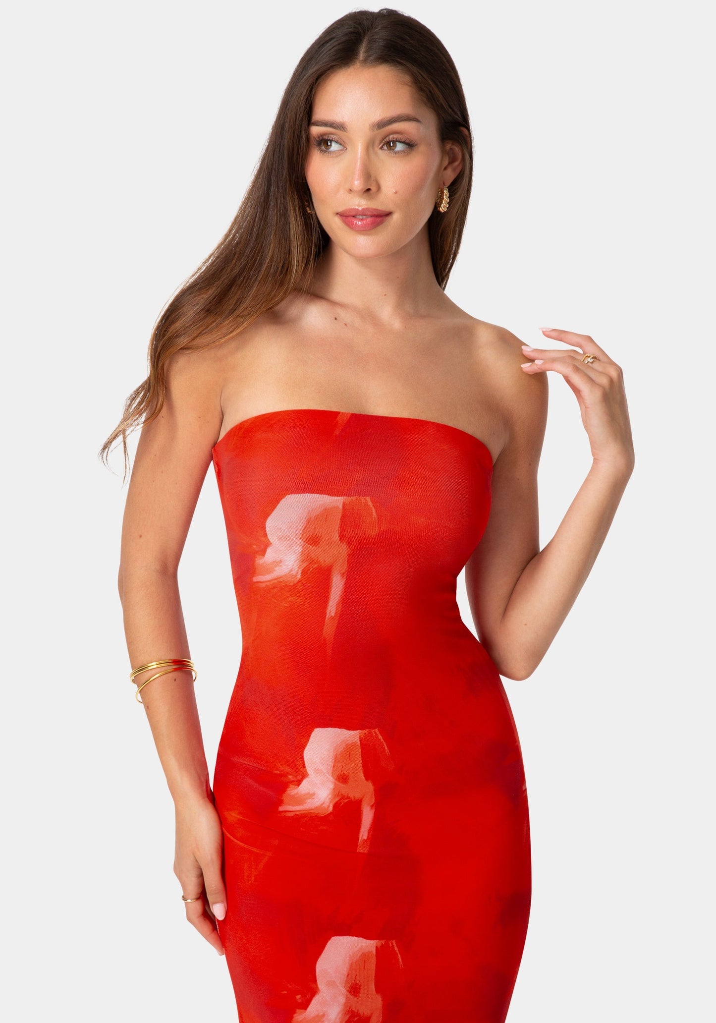 Printed Mesh Strapless Maxi Dress