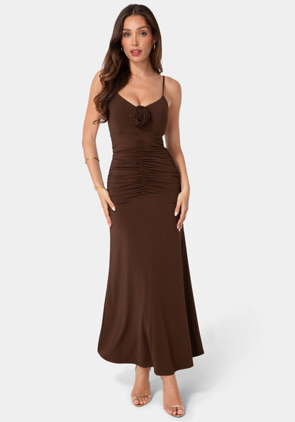 Jersey Rosette Shirred Maxi Dress