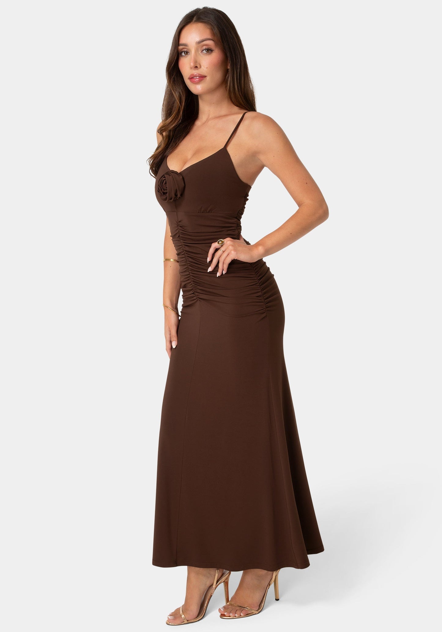 Jersey Rosette Shirred Maxi Dress