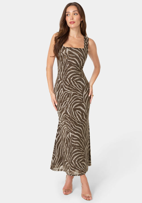 Square Neck Hotfix Mesh Maxi Dress