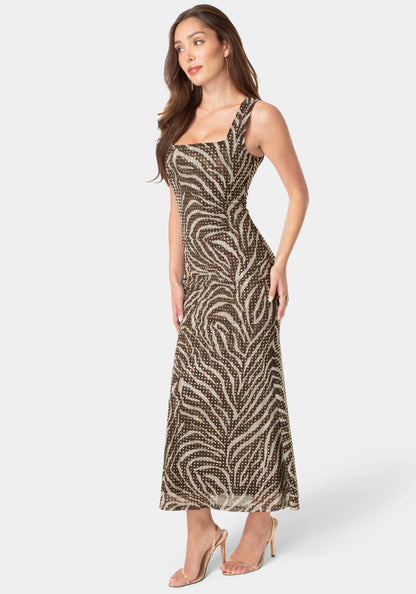 Square Neck Hotfix Mesh Maxi Dress