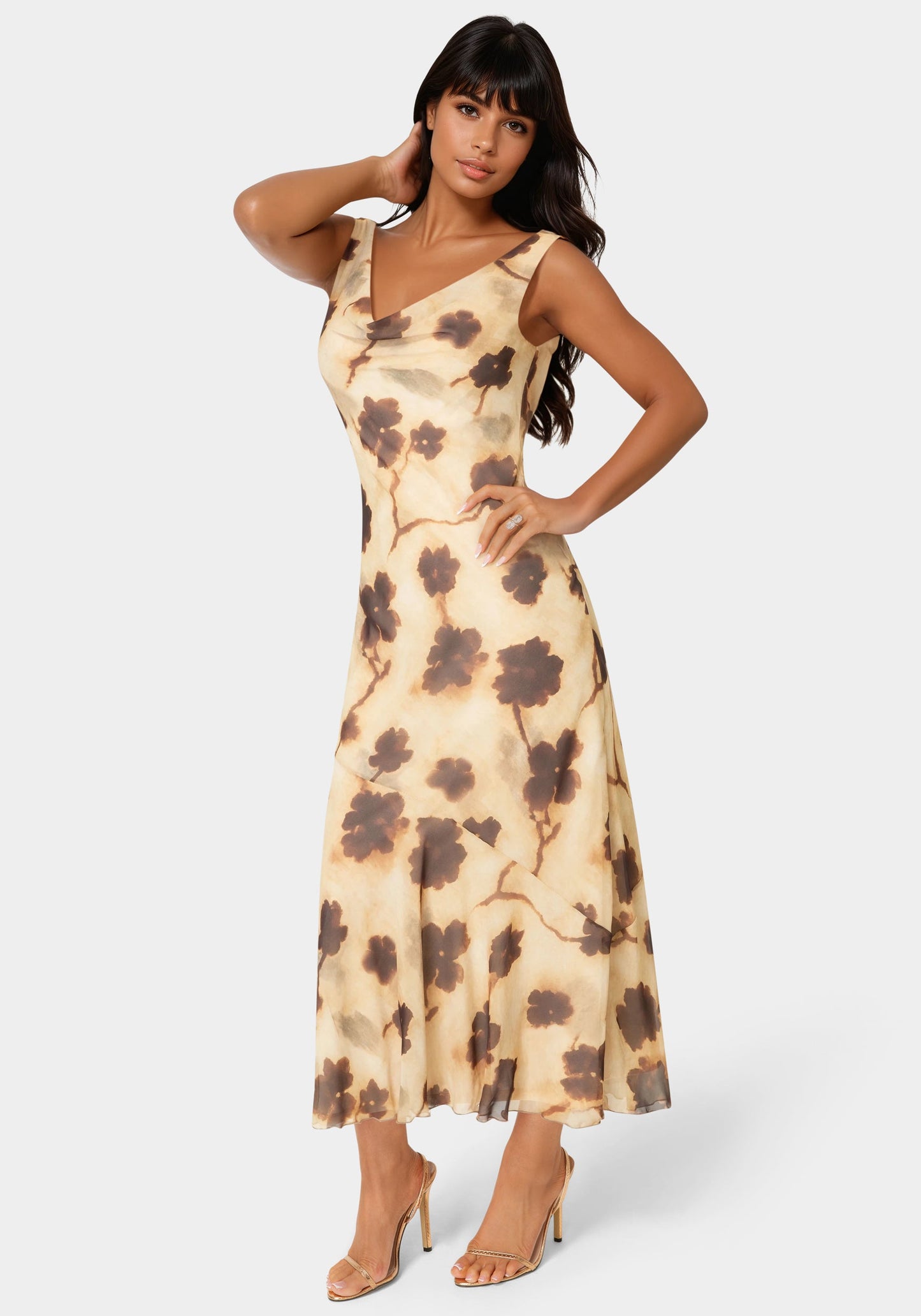 Printed Chiffon Cowl Maxi Dress