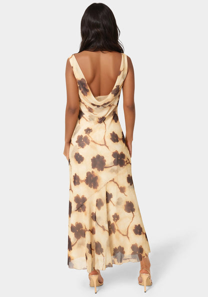 Printed Chiffon Cowl Maxi Dress