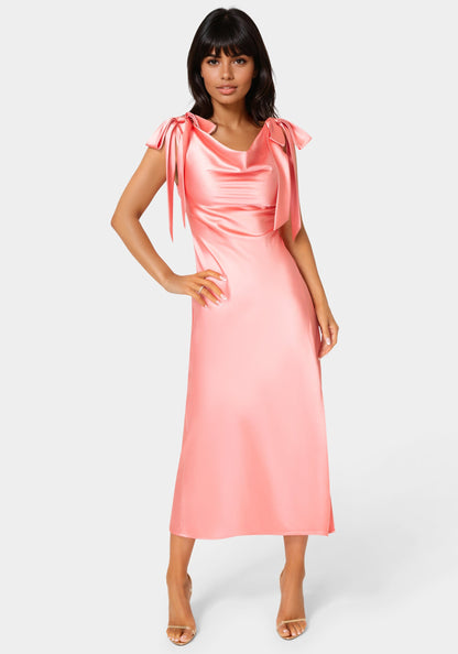 Bow Strap Satin Midi Dress