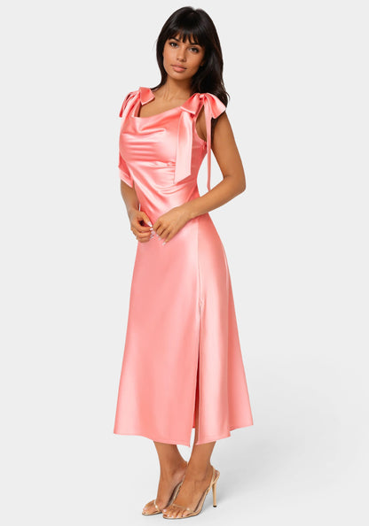 Bow Strap Satin Midi Dress