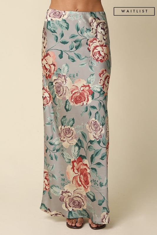 Waitlist  8/20 • Rory High Waist Elegant Floral Print Satin Maxi Skirt Sage