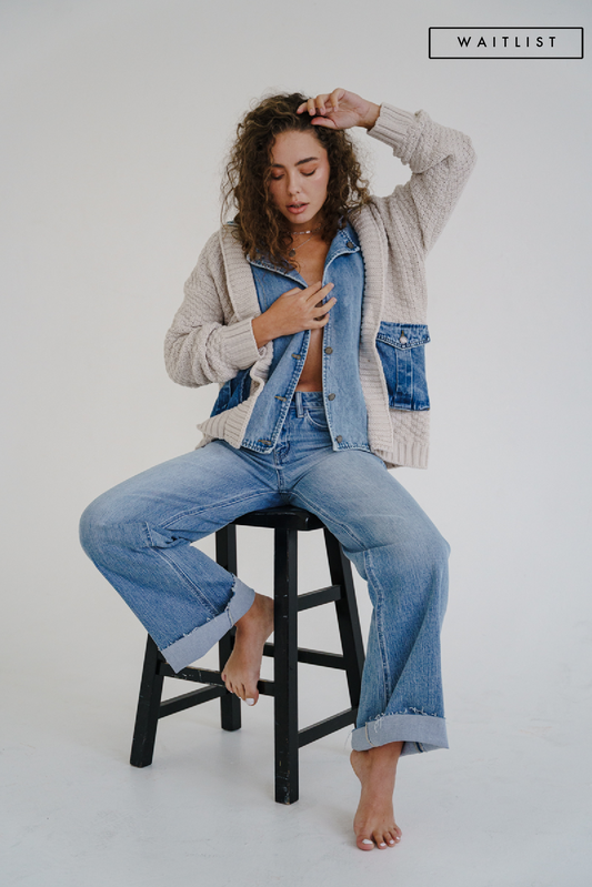 Waitlist 6/28 • Clarissa Long Sleeve Cable Knit Denim Trim One Size Shacket Cream