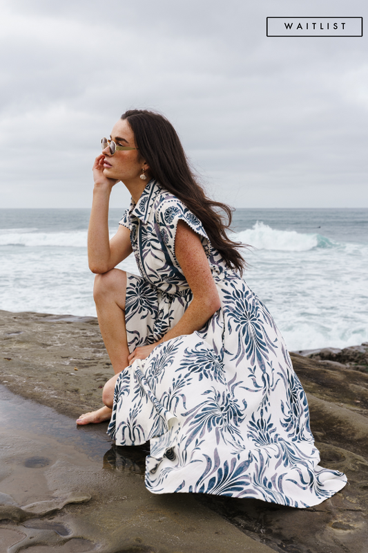 Waitlist 6/25 • Jodi Short Sleeve Waist Tie Damask Print Maxi Dress Blue