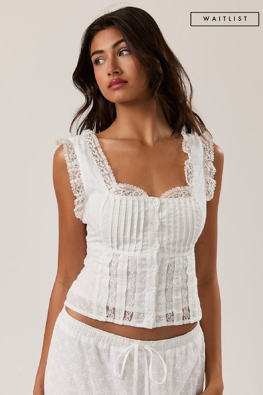Waitlist 7/5 • Tinsley Sleeveless Button Down Elegant Lace Top White
