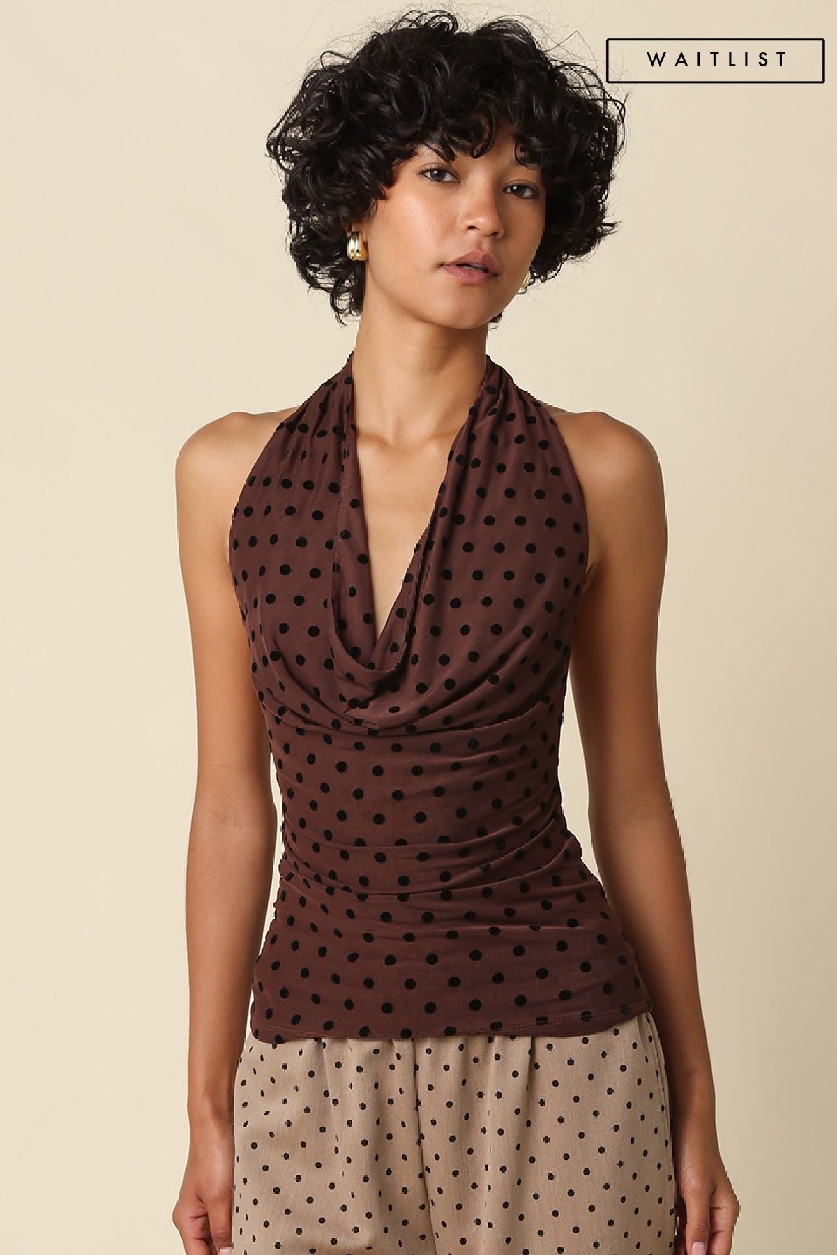 Waitlist 7/20 • Adeline Sleeveless Halter Open Back Polka Dot Print Top Brown