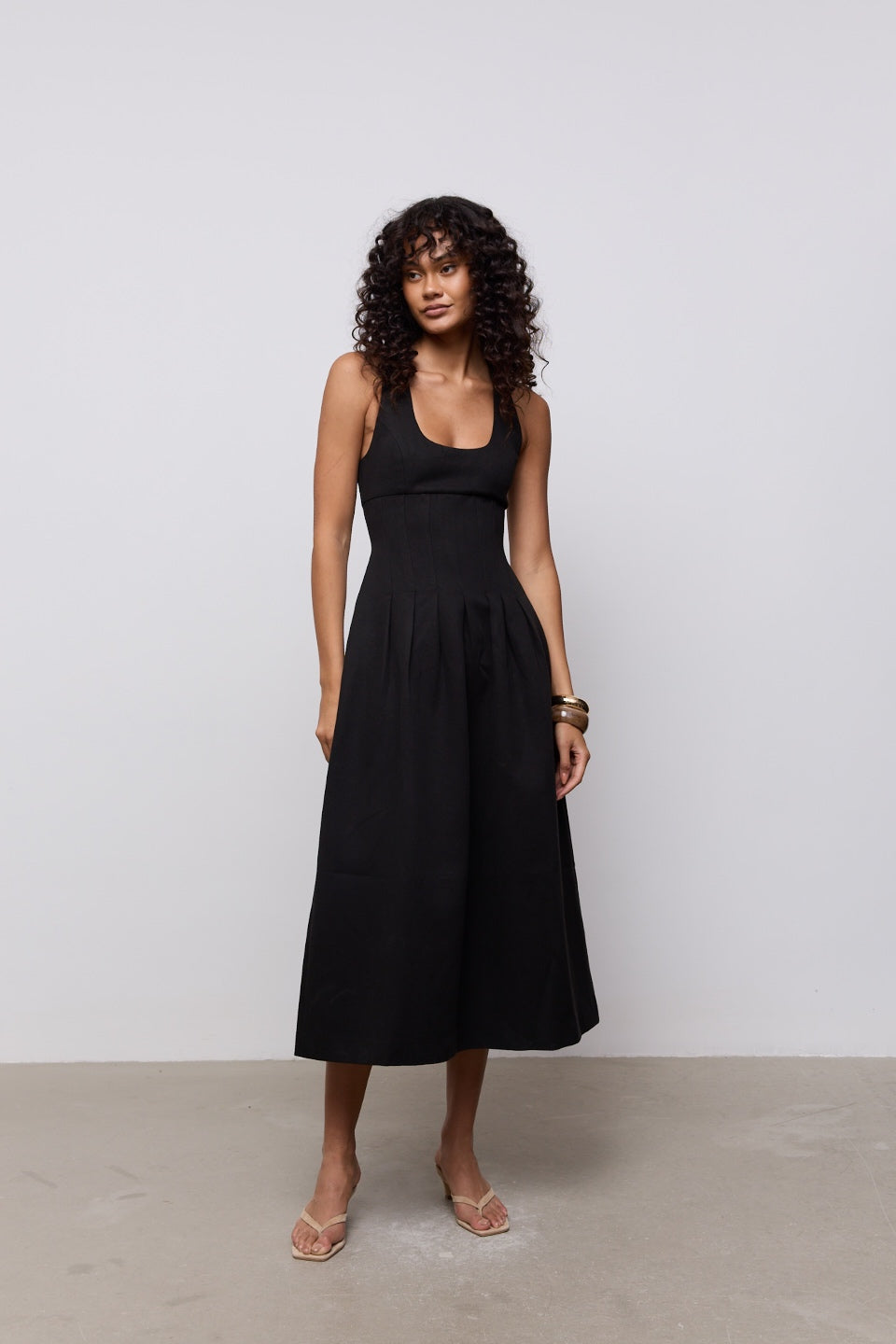 Cotton Mix Cinched Midi Dress