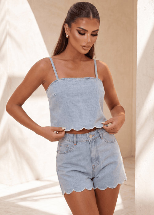 Better Love Scallop Edge Denim Crop Top - Blue