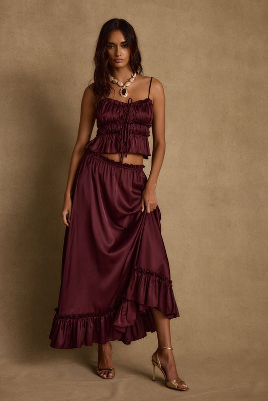 Dahlia Mulberry Satin Maxi Skirt
