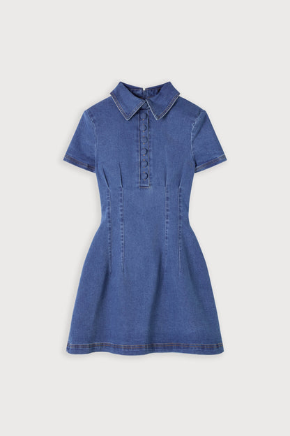 Cotton Mix Denim Collared Mini Dress