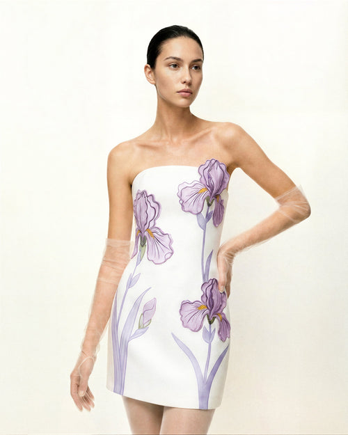 鳶尾花印花平口洋裝 - 白色
