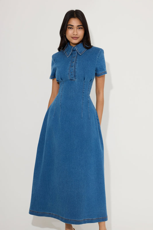 Cotton Mix Denim Collared Midi Dress