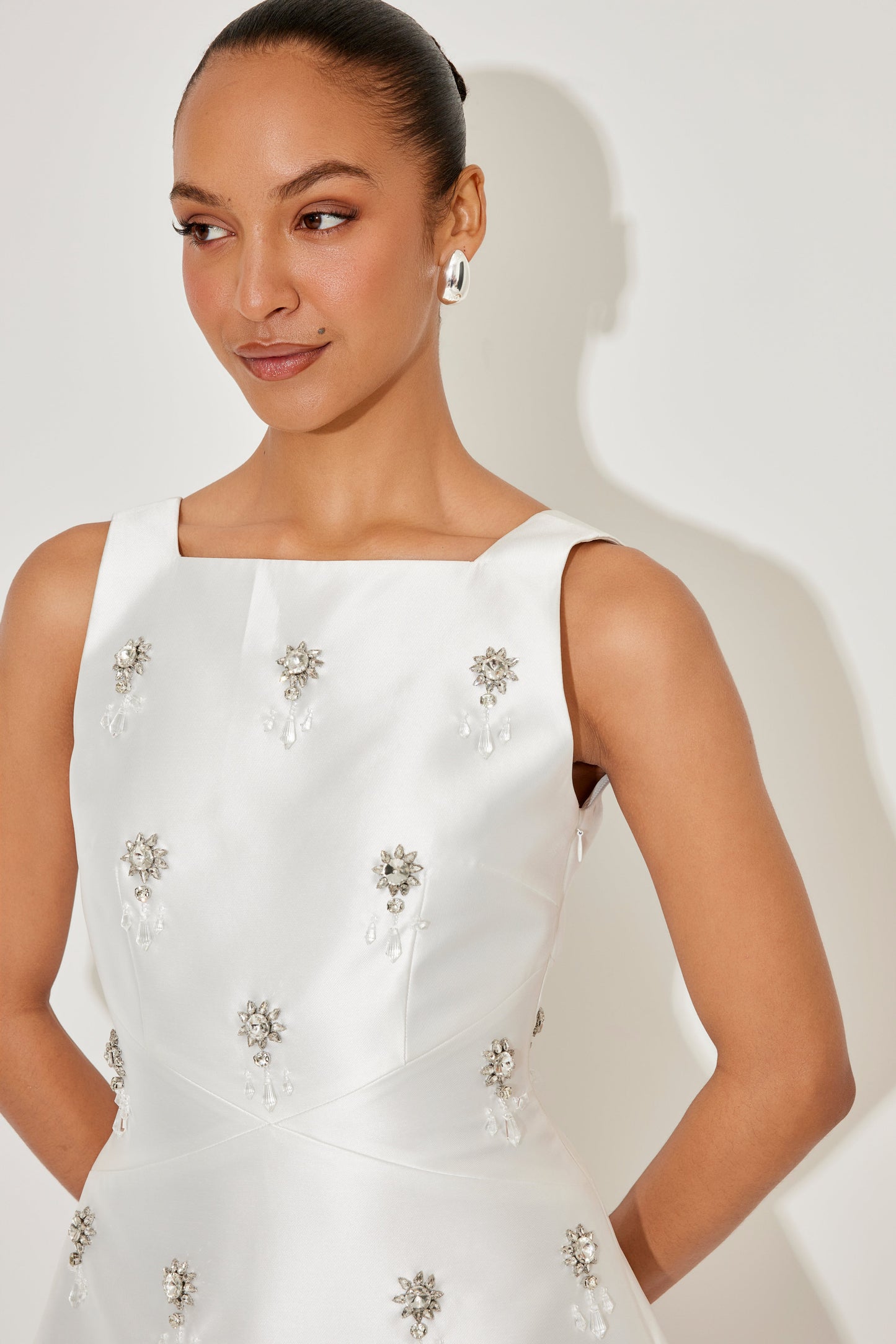V-Back Satin Crystal Mini Dress