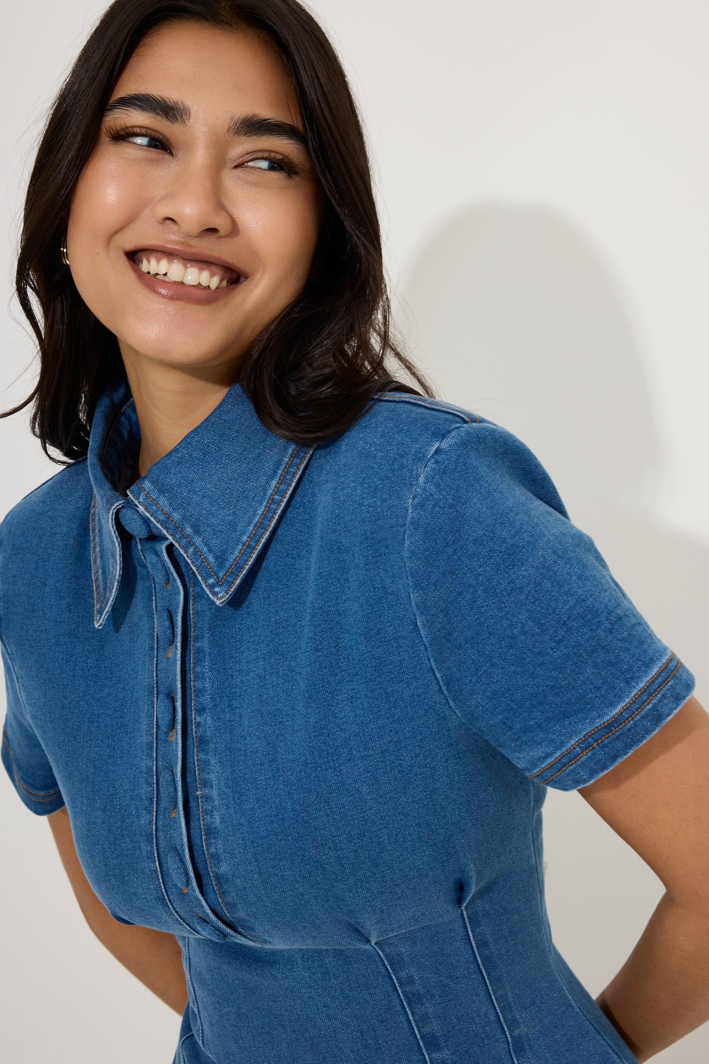 Cotton Mix Denim Collared Mini Dress