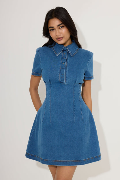 Cotton Mix Denim Collared Mini Dress