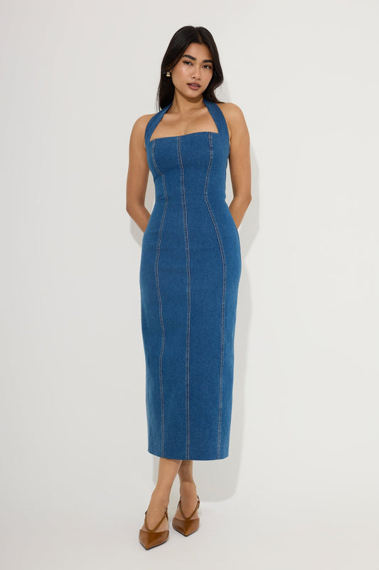 Cotton Mix Denim Halter Midi Dress