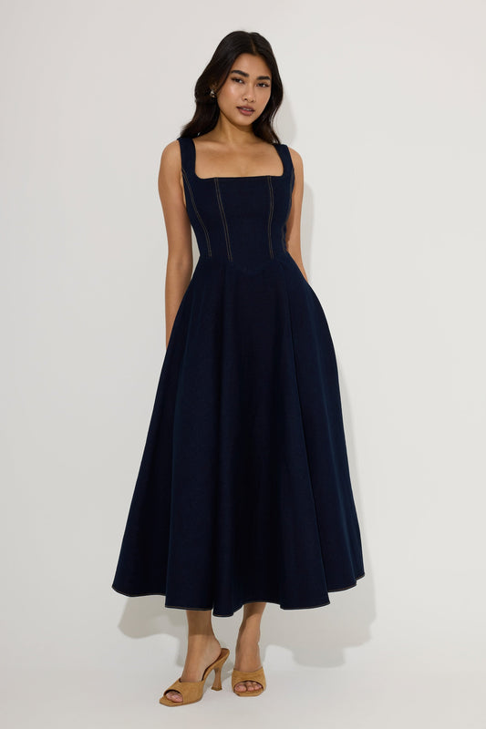 Cotton Mix Denim Square Neck Midi Dress