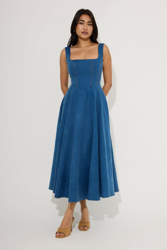 Cotton Mix Denim Square Neck Midi Dress