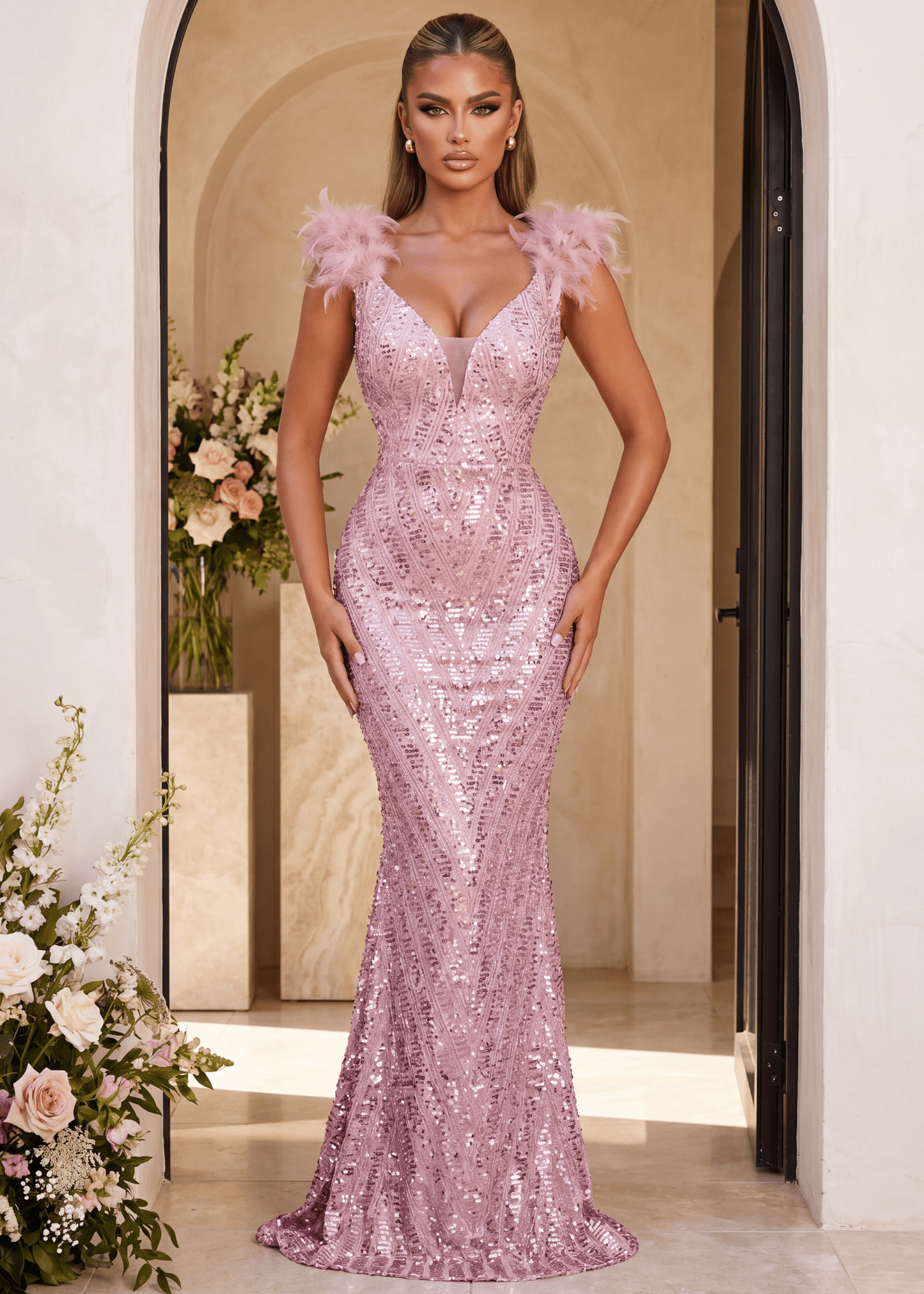 Evening Allure Sequin Feather Gown - Pink