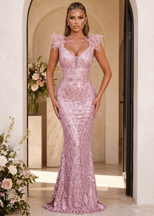 Evening Allure Sequin Feather Gown - Pink