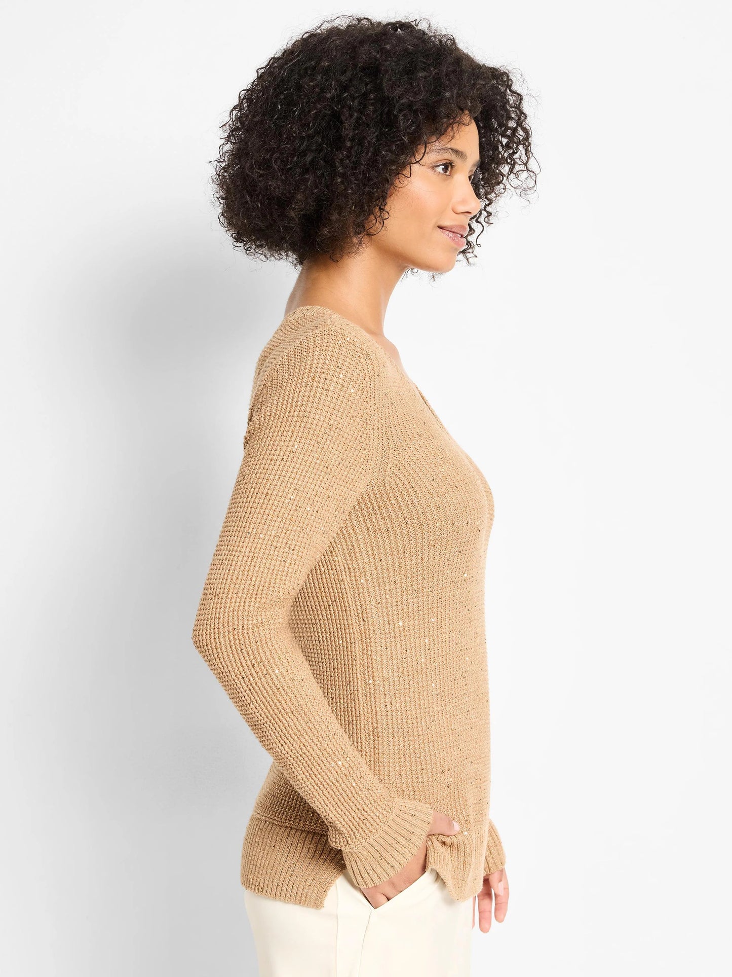 Shimmer Waffle V-Neck Sweater